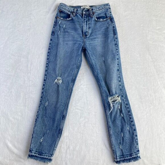 Abercrombie & Fitch Jeans Women Sz 26 The Mom High Rise Distressed Raw Hem - Picture 2 of 16